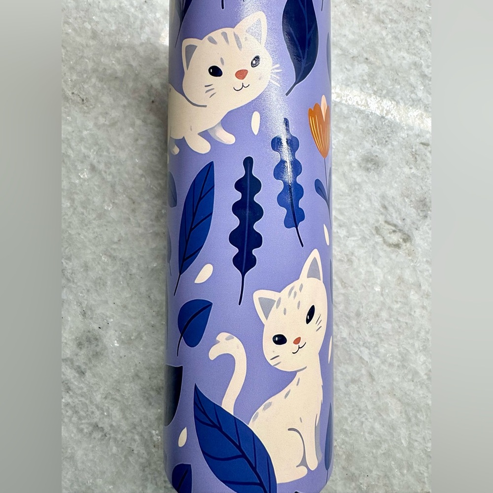 New White Cat w/ Flowers Purple Stainless Steel Metal Travel Cup Tumbler - 20oz - Picture 4 of 9